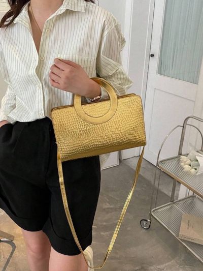 Classic Croc-Embossed Circle Handle Handbag